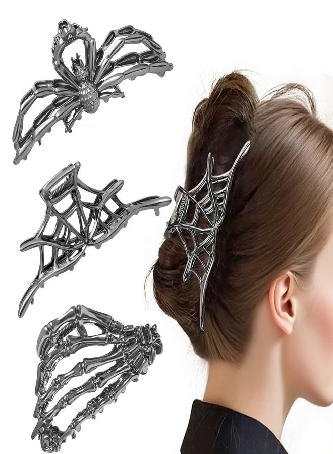 DPWCVM 3Pack Metal Black Spider Web hair clips Skeleton Hand Skull Hair Clips for Women And Girls,Goth Accessories for Thick Hair, Claw Clips Hair Accessories Halloween Christmas Gift (Black 3Pcs) - Image 1